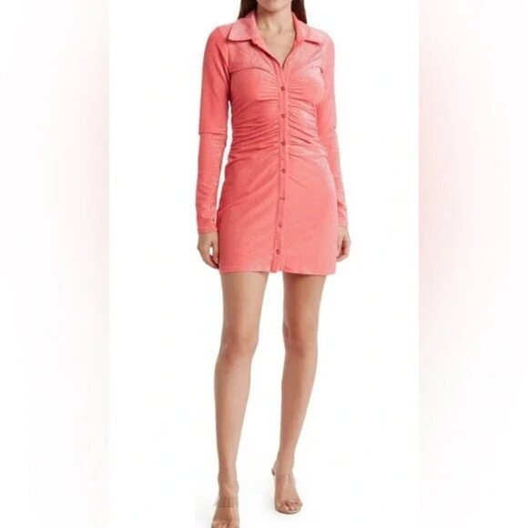 Good American Long Sleeve Button Dress Size 8 (5XL) Ruched Coral Sparkle NWT - Picture 1 of 16